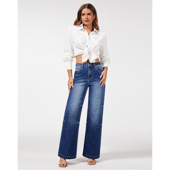 Women's Wide Leg Jeans High Waisted Stretchy Denim Trousers Casual Versatile - Picture 7 of 7